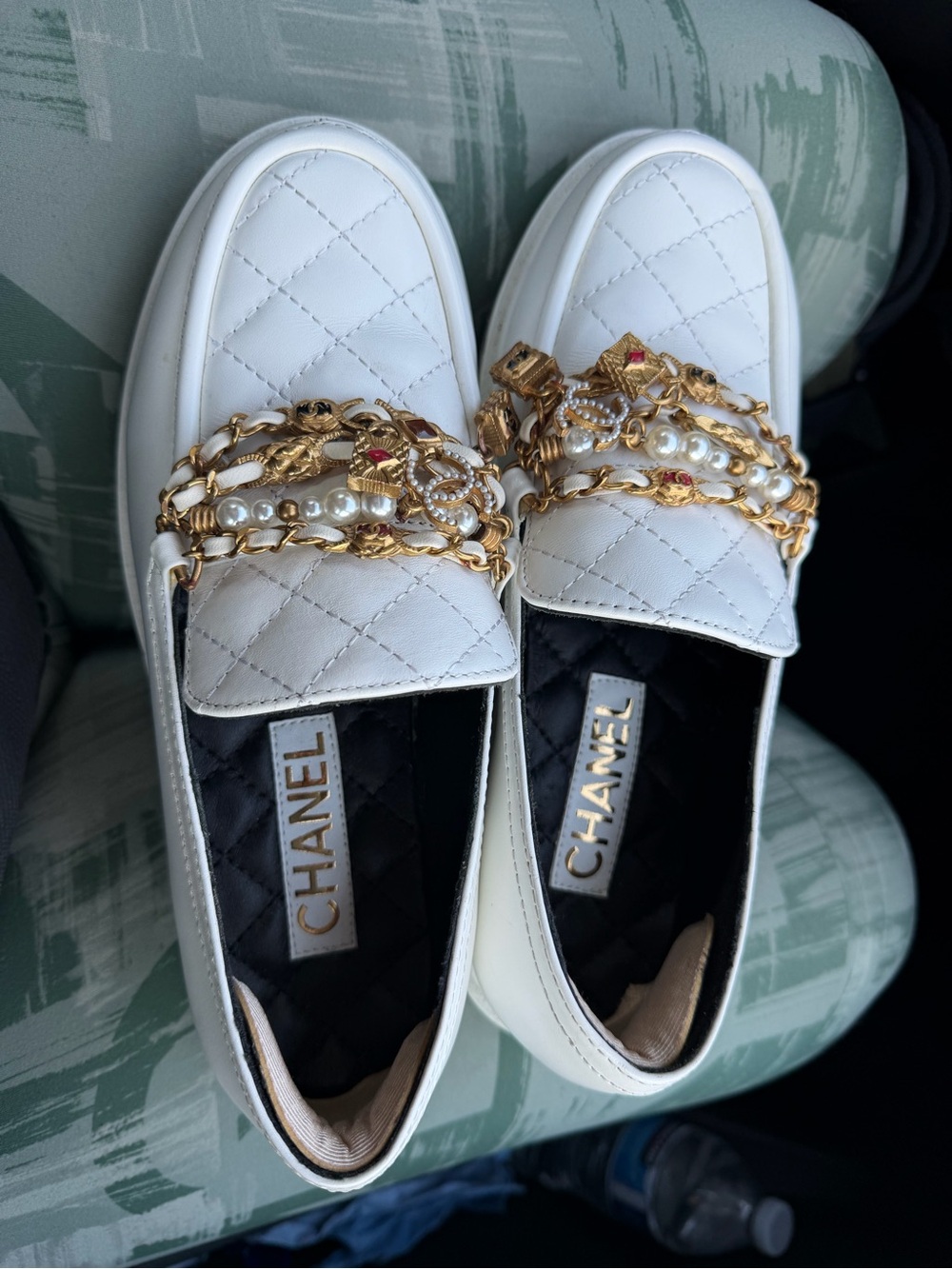 CHANEL White Quilted Leather Loafers with Gold CC Chain&Pearl Trim
Like new. - Picture 2 of 15
